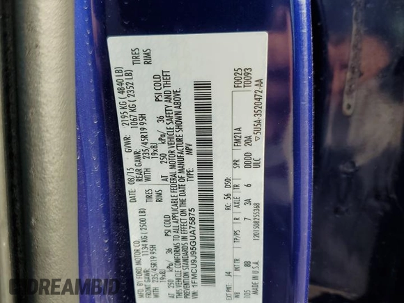 2016 Ford Escape Titanium with VIN 1FMCU9J95GUA75875, listed as a Copart auction lot 48929445 with 122,668 mi miles and Salvage Title. Bid and sale history available at DreamBid. Image 13.