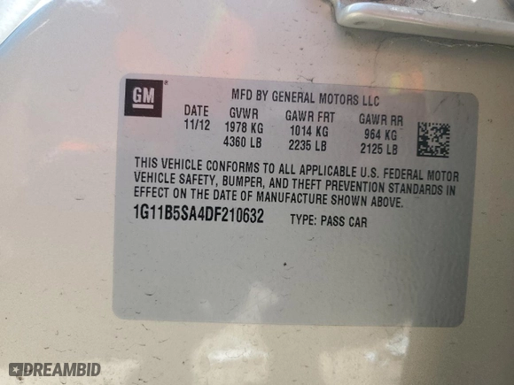 2013 Chevrolet Malibu LS with VIN 1G11B5SA4DF210632, listed as a Copart auction lot 51791894 with 66,598 mi miles and Salvage Title. Bid and sale history available at carsss.com. Image 12.