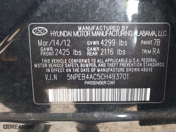 2012 Hyundai Sonata GLS with VIN 5NPEB4AC5CH493701, listed as a IAAI auction lot 41552353 with 205,997 mi miles. Bid and sale history available at carsss.com. Image 9.