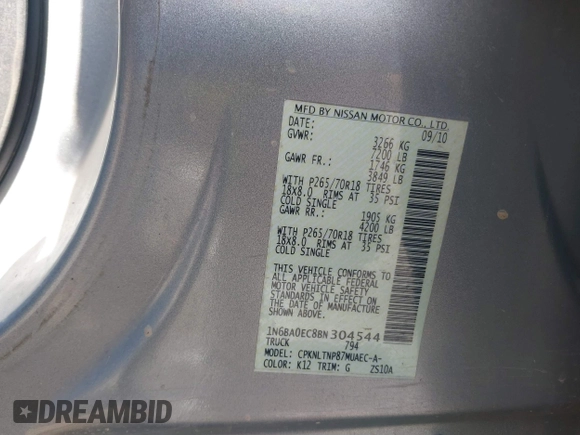 2011 Nissan Titan Pro-4X with VIN 1N6BA0EC8BN304544, listed as a IAAI auction lot 41329674 with 235,319 mi miles and . Bid and sale history available at DreamBid. Image 9.