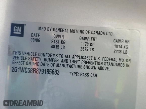 2007 Chevrolet Impala LT with VIN 2G1WC58R879185683, listed as a Copart auction lot 83369324 with 175,086 mi miles and Salvage Title. Bid and sale history available at DreamBid. Image 12.