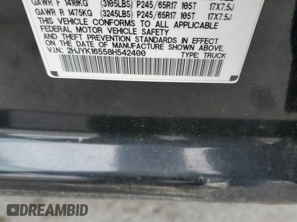 2008 Honda Ridgeline RTL with VIN 2HJYK16558H542400, listed as a Copart auction lot 50634835 with 144,845 mi miles and Salvage Title. Bid and sale history available at carsss.com. Image 12.