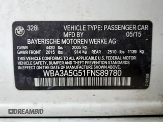 2015 BMW 3 Series 328i with VIN WBA3A5G51FNS89780, listed as a Copart auction lot 59128835 with 118,836 mi miles and Salvage title. Bid and sale history available at DreamBid. Image 12.