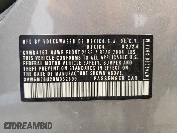 2024 Volkswagen Jetta S with VIN 3VW5M7BU2RM052899, listed as a Copart auction lot 64296945 with 37,300 mi miles and Non repairable. Bid and sale history available at DreamBid. Image 13.