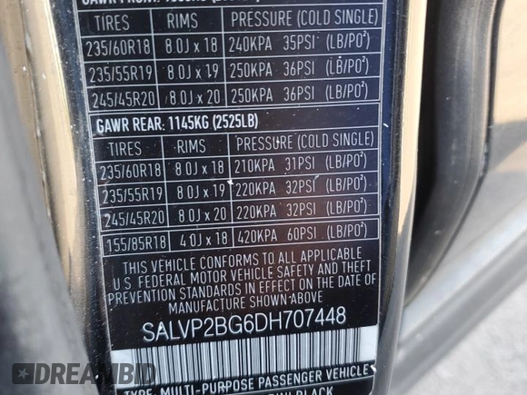 2013 Land Rover Range Rover Evoque Pure Plus with VIN SALVP2BG6DH707448, listed as a Copart auction lot 43875085 with 95,844 mi miles and Salvage Title. Bid and sale history available at carsss.com. Image 13.
