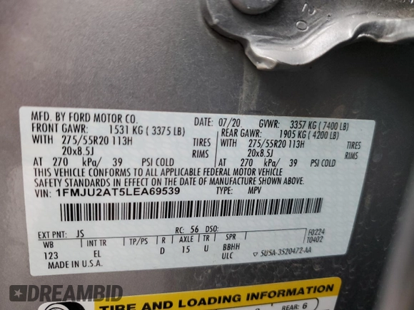 2020 Ford Expedition Limited with VIN 1FMJU2AT5LEA69539, listed as a Copart auction lot 60081375 with 64,622 mi miles and Salvage title. Bid and sale history available at DreamBid. Image 14.