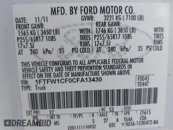 2012 Ford F-150 XL z VIN 1FTFW1CF0CFA13430, wystawiony jako IAAI lot #41811812 z przebiegiem 283 228 mil mil oraz . Historia ofert i sprzedaży dostępna na DreamBid. Obrazek 9.