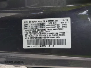 2013 Honda Odyssey EX-L with VIN 5FNRL5H63DB034963, listed as a IAAI auction lot 41921431 with 163,609 mi miles and . Bid and sale history available at DreamBid. Image 9.
