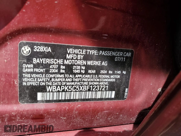2011 BMW 3 Series 328i xDrive with VIN WBAPK5C5XBF123721, listed as a Copart auction lot 56071445 with 137,242 mi miles and Salvage title. Bid and sale history available at DreamBid. Image 13.