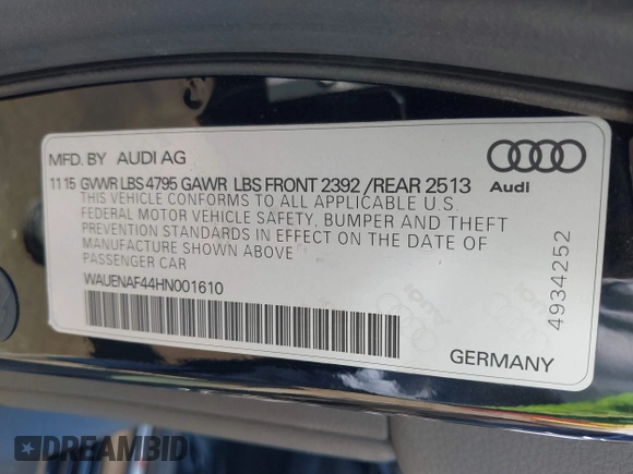 2017 Audi A4 Premium Plus z VIN WAUENAF44HN001610, wystawiony jako IAAI lot #42094307 z przebiegiem 87 480 mil mil oraz . Historia ofert i sprzedaży dostępna na DreamBid. Obrazek 9.