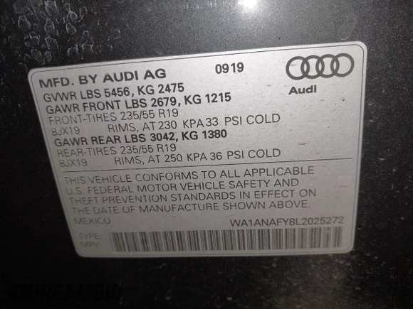 2020 Audi Q5 Premium with VIN WA1ANAFY8L2025272, listed as a IAAI auction lot 41891966 with 76,626 mi miles and . Bid and sale history available at DreamBid. Image 9.