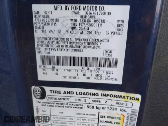 2011 Ford F-150 XL with VIN 1FTFW1EFXBFC38983, listed as a IAAI auction lot 41882374 with 171,049 mi miles. Bid and sale history available at carsss.com. Image 9.