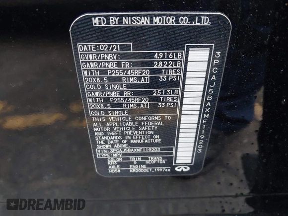 2021 Infiniti QX50 Luxe с VIN 3PCAJ5BAXMF119203, выставлен на аукционе IAAI как лот 42256748 с пробегом 91 723 миль миль и . История ставок и продаж доступна на DreamBid. Изображение 9.