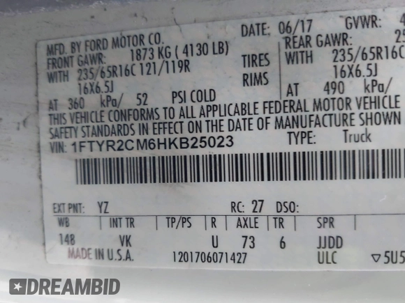 2017 Ford Transit with VIN 1FTYR2CM6HKB25023, listed as a IAAI auction lot 42071625 with 146,965 mi miles and . Bid and sale history available at DreamBid. Image 9.