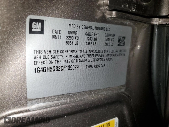 2012 Buick LaCrosse Premium 3 with VIN 1G4GH5G32CF139029, listed as a Copart auction lot 56662515 with 189,315 mi miles and Salvage title. Bid and sale history available at DreamBid. Image 13.