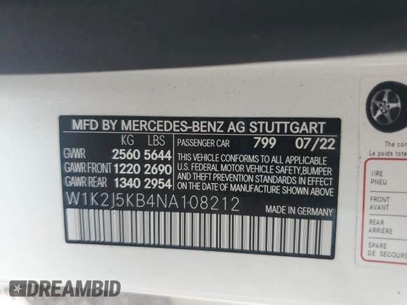 2022 Mercedes-Benz CLS with VIN W1K2J5KB4NA108212, listed as a Copart auction lot 60166754 with 0 mi miles and Salvage Title. Bid and sale history available at carsss.com. Image 13.