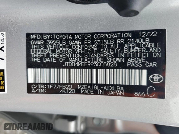 2023 Toyota Corolla LE with VIN JTDB4MEE9P3005828, listed as a Copart auction lot 47318595 with 15,593 mi miles and Salvage Title. Bid and sale history available at carsss.com. Image 12.