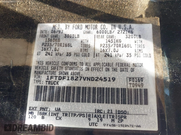 1997 Ford F-150 with VIN 1FTDF1827VND24519, listed as a IAAI auction lot 42424380 with 169,035 mi miles and . Bid and sale history available at DreamBid. Image 9.