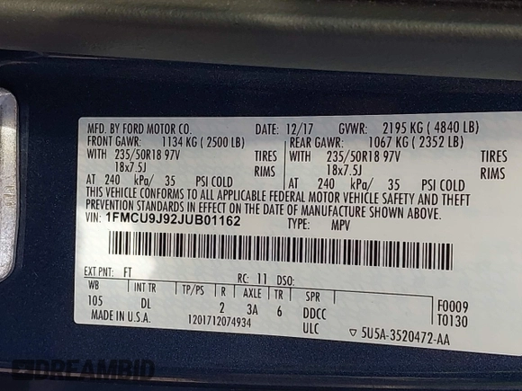2018 Ford Escape Titanium with VIN 1FMCU9J92JUB01162, listed as a IAAI auction lot 42495112 with 96,280 mi miles and . Bid and sale history available at DreamBid. Image 9.