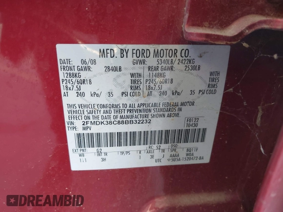 2008 Ford Edge SEL z VIN 2FMDK38C88BB32232, wystawiony jako IAAI lot #41210118 z przebiegiem 114 749 mil mil oraz . Historia ofert i sprzedaży dostępna na DreamBid. Obrazek 9.