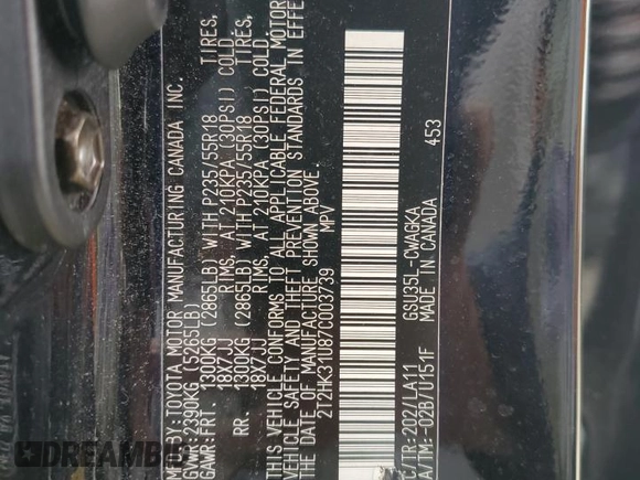2007 Lexus RX 350 with VIN 2T2HK31U87C003739, listed as a Copart auction lot 52976005 with 121,090 mi miles and Salvage Title. Bid and sale history available at DreamBid. Image 13.