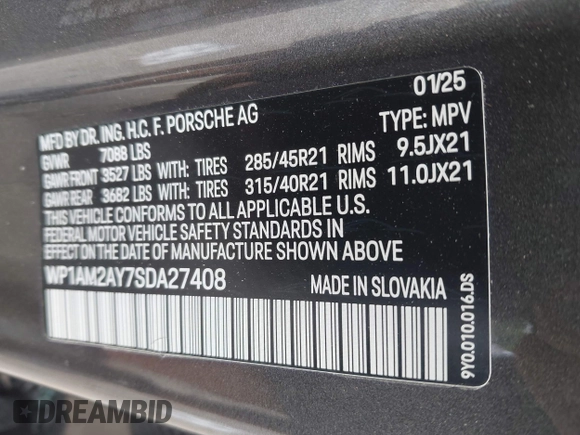 2025 Porsche Cayenne with VIN WP1AM2AY7SDA27408, listed as a IAAI auction lot 42462860 with 2,910 mi miles and . Bid and sale history available at DreamBid. Image 9.