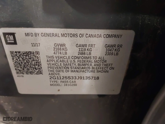 2018 Chevrolet Impala Premier with VIN 2G1125S33J9135718, listed as a IAAI auction lot 41452446 with 153,183 mi miles. Bid and sale history available at carsss.com. Image 9.
