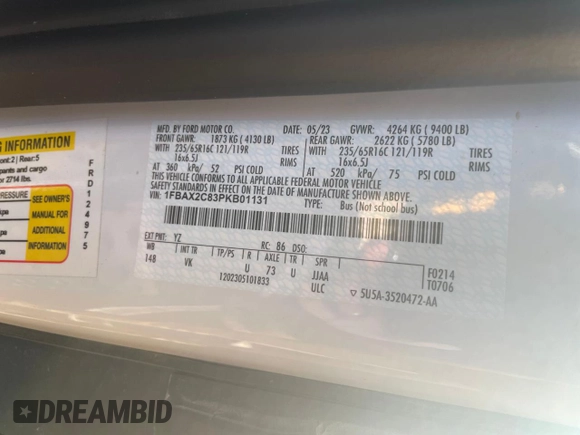 2023 Ford Transit Passenger XL with VIN 1FBAX2C83PKB01131, listed as a Copart auction lot 49160085 with 500 mi miles and Clean Title. Bid and sale history available at DreamBid. Image 10.