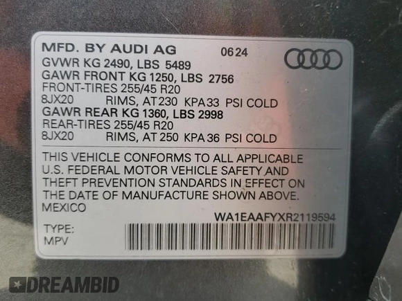 2024 Audi Q5 S line Premium Plus with VIN WA1EAAFYXR2119594, listed as a Copart auction lot 53053945 with 6,966 mi miles and Non repairable. Bid and sale history available at DreamBid. Image 14.