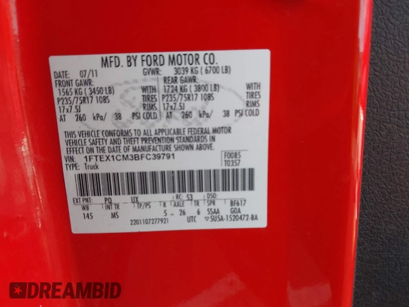 2011 Ford F-150 XL с VIN 1FTEX1CM3BFC39791, выставлен на аукционе IAAI как лот 41121027 с пробегом 168 444 миль миль и . История ставок и продаж доступна на DreamBid. Изображение 9.