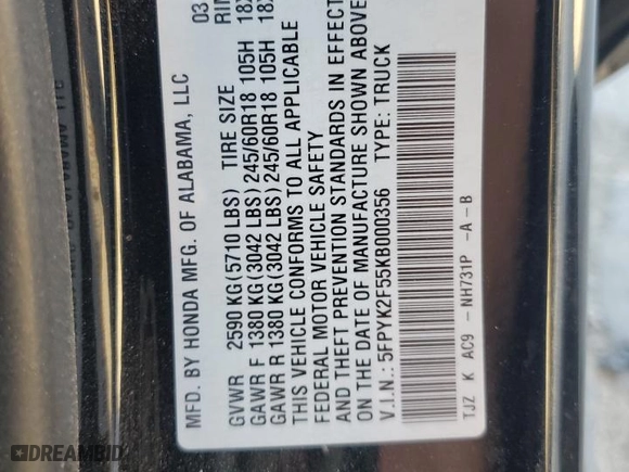 2019 Honda Ridgeline RTL with VIN 5FPYK2F55KB000356, listed as a Copart auction lot 83909124 with 89,763 mi miles and Salvage Title. Bid and sale history available at carsss.com. Image 13.