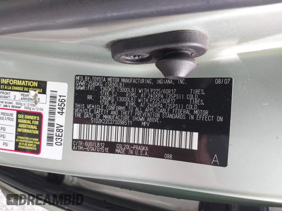2007 Toyota Sienna XLE z VIN 5TDZK22C27S098511, wystawiony jako IAAI lot #42432979 z przebiegiem 271 441 mil mil oraz . Historia ofert i sprzedaży dostępna na DreamBid. Obrazek 9.