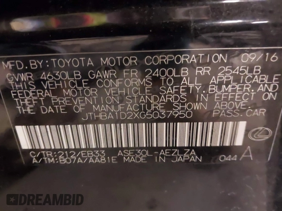 2016 Lexus IS 200t with VIN JTHBA1D2XG5037950, listed as a IAAI auction lot 41637376 with 106,789 mi miles and . Bid and sale history available at DreamBid. Image 9.