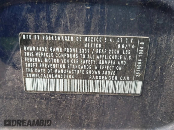 2014 Volkswagen Jetta TDI w/Sunroof & Nav с VIN 3VWPL7AJ6EM627504, выставлен на аукционе IAAI как лот 41970302 с пробегом 62 769 миль миль и . История ставок и продаж доступна на DreamBid. Изображение 9.
