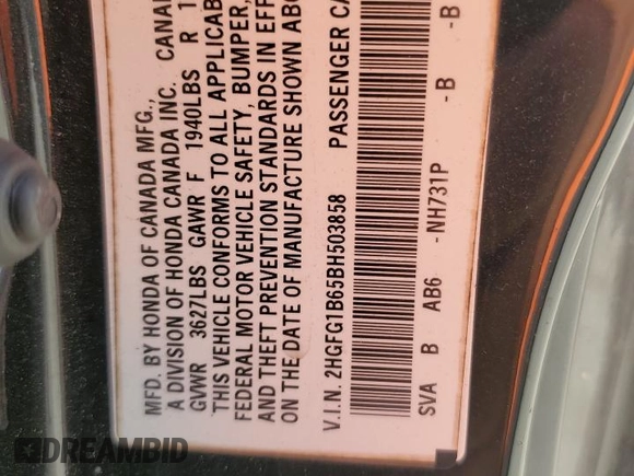 2011 Honda Civic Cpe LX with VIN 2HGFG1B65BH503858, listed as a Copart auction lot 52980835 with 95,310 mi miles and Salvage Title. Bid and sale history available at carsss.com. Image 12.
