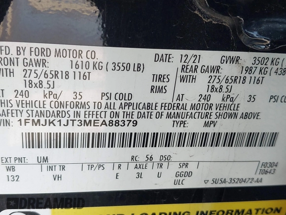 2021 Ford Expedition Max XLT with VIN 1FMJK1JT3MEA88379, listed as a IAAI auction lot 38683917 with 111,626 mi miles and . Bid and sale history available at DreamBid. Image 9.