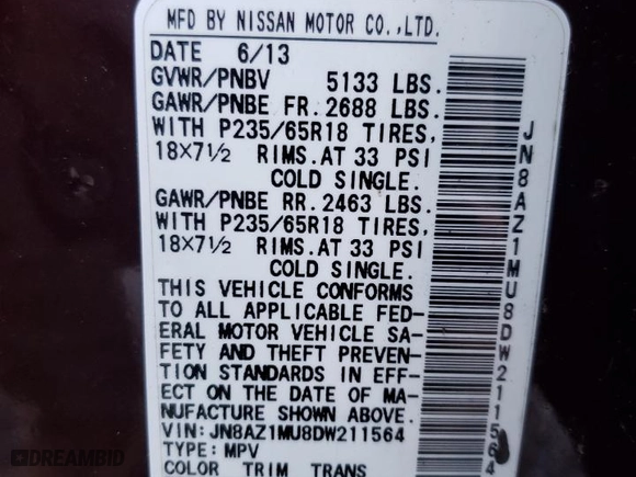2013 Nissan Murano SV with VIN JN8AZ1MU8DW211564, listed as a Copart auction lot 87284164 with 0 mi miles and Clean Title. Bid and sale history available at carsss.com. Image 12.