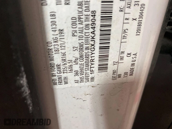 2018 Ford Transit with VIN 1FTYR1YGXJKA49048, listed as a IAAI auction lot 42843478 with 99,161 mi miles and . Bid and sale history available at DreamBid. Image 5.