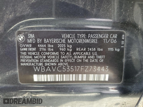 2007 BMW 3 Series 328i with VIN WBAVC53517FZ73443, listed as a Copart auction lot 50095755 with 197,708 mi miles and Salvage title. Bid and sale history available at DreamBid. Image 14.