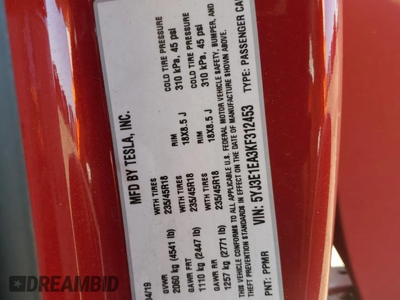 2019 Tesla Model 3 Mid Range z VIN 5YJ3E1EA3KF312453, wystawiony jako Copart lot #57841605 z przebiegiem 77 366 mil mil oraz Szkoda całkowita • Salvage title. Historia ofert i sprzedaży dostępna na DreamBid. Obrazek 12.