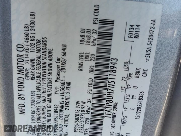 2022 Ford Mustang EcoBoost with VIN 1FATP8UH7N5118943, listed as a Copart auction lot 57218815 with Not provided miles and Non repairable. Bid and sale history available at DreamBid. Image 13.