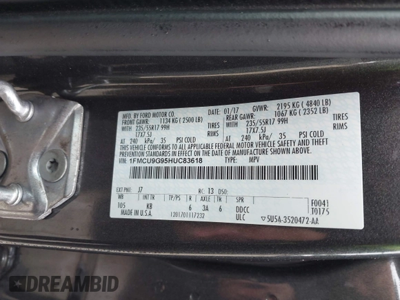 2017 Ford Escape SE z VIN 1FMCU9G95HUC83618, wystawiony jako IAAI lot #42324672 z przebiegiem 132 910 mil mil oraz . Historia ofert i sprzedaży dostępna na DreamBid. Obrazek 9.