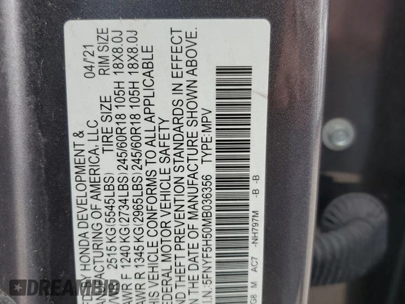 2021 Honda Pilot EX-L z VIN 5FNYF5H50MB036356, wystawiony jako Copart lot #56970145 z przebiegiem 77 625 mil mil oraz Szkoda całkowita • Salvage title. Historia ofert i sprzedaży dostępna na DreamBid. Obrazek 13.