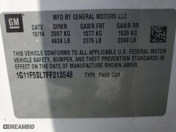 2015 Chevrolet Malibu LTZ with VIN 1G11F5SL7FF213548, listed as a Copart auction lot 50828735 with 112,300 mi miles and Salvage Title. Bid and sale history available at carsss.com. Image 12.