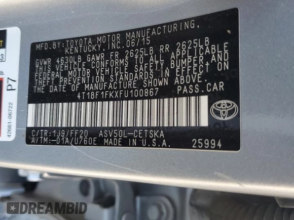 2015 Toyota Camry XLE z VIN 4T1BF1FKXFU100867, wystawiony jako Copart lot #58557775 z przebiegiem 343 934 mil mil oraz Szkoda całkowita • Salvage title. Historia ofert i sprzedaży dostępna na DreamBid. Obrazek 13.