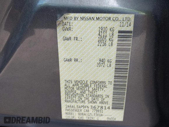 2015 Nissan Altima SL z VIN 1N4AL3AP9FN367814, wystawiony jako IAAI lot #42043507 z przebiegiem 208 945 mil mil oraz . Historia ofert i sprzedaży dostępna na DreamBid. Obrazek 9.