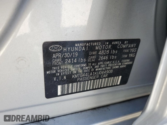 2019 Genesis G70 Advanced with VIN KMTG44LA1KU044908, listed as a Copart auction lot 76779574 with 51,678 mi miles and Salvage title. Bid and sale history available at DreamBid. Image 14.