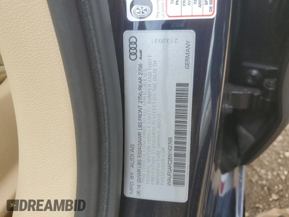2014 Audi A6 Premium Plus with VIN WAUFGAFC2EN162765, listed as a Copart auction lot 54138005 with 32,580 mi miles and Salvage title. Bid and sale history available at DreamBid. Image 12.