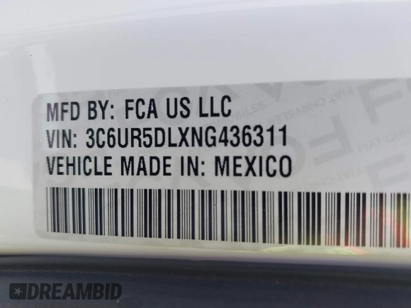 2022 Ram 2500 Big Horn with VIN 3C6UR5DLXNG436311, listed as a IAAI auction lot 42474145 with 59,174 mi miles and . Bid and sale history available at DreamBid. Image 9.