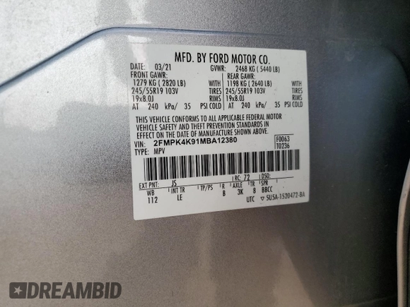2021 Ford Edge Titanium with VIN 2FMPK4K91MBA12380, listed as a Copart auction lot 59275785 with 82,295 mi miles and Salvage title. Bid and sale history available at DreamBid. Image 14.